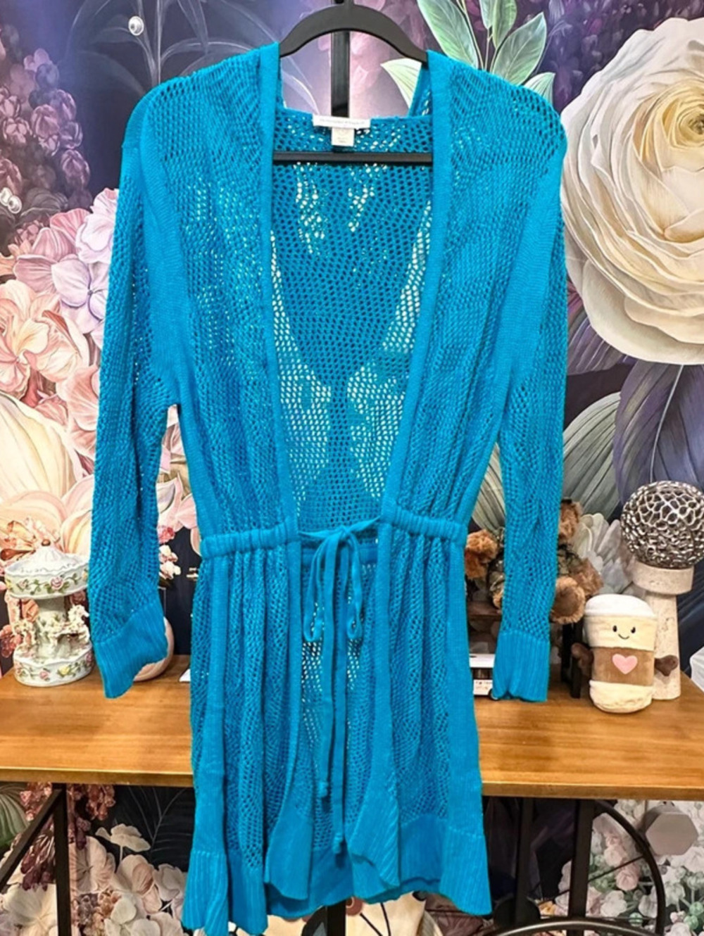 Christopher & Banks L Hooded Open Knit Cardigan Duster Belted Boho Coastal Teal